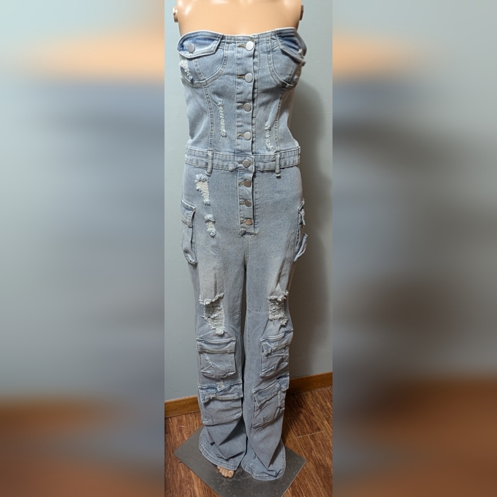 Women's Blue Denim Strapless Jean Jumper   Med